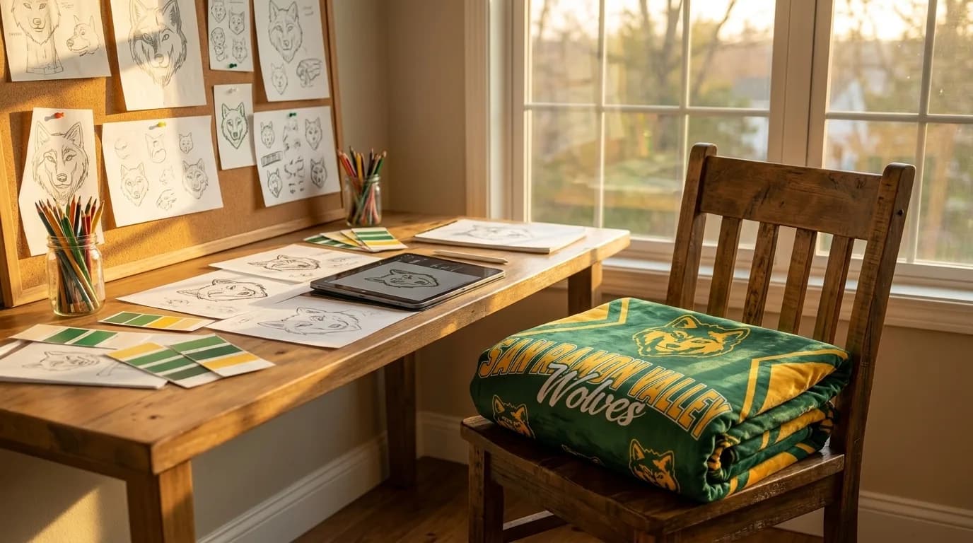 Sunlit craft room with blanket design sketches pinned to the wall and a folded green and gold Wolves blanket on the chair