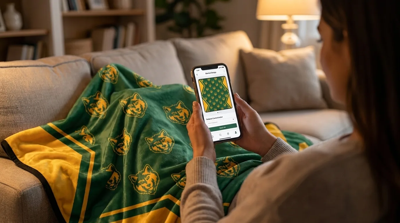 Designing a blanket on a phone next to the same green and gold blanket already printed