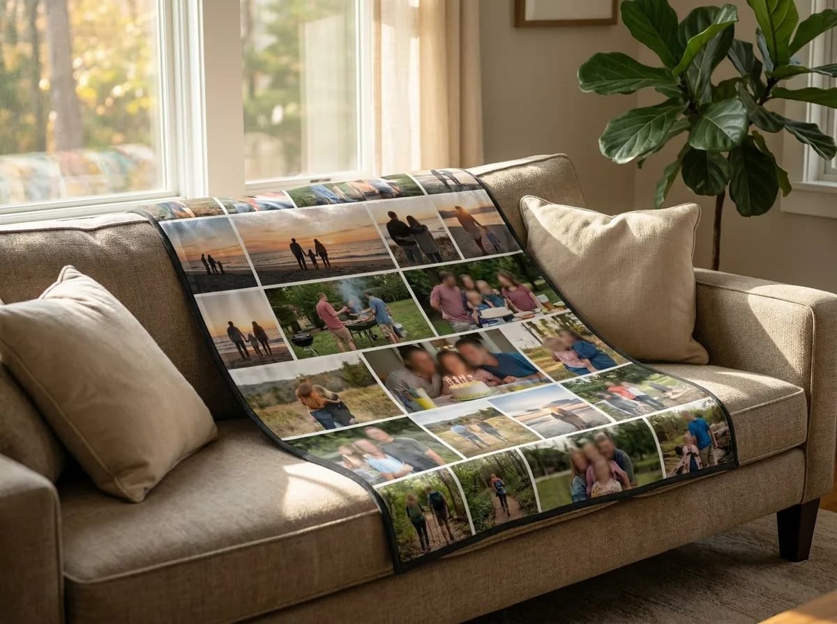 Custom printed family photo collage blanket draped over a sofa