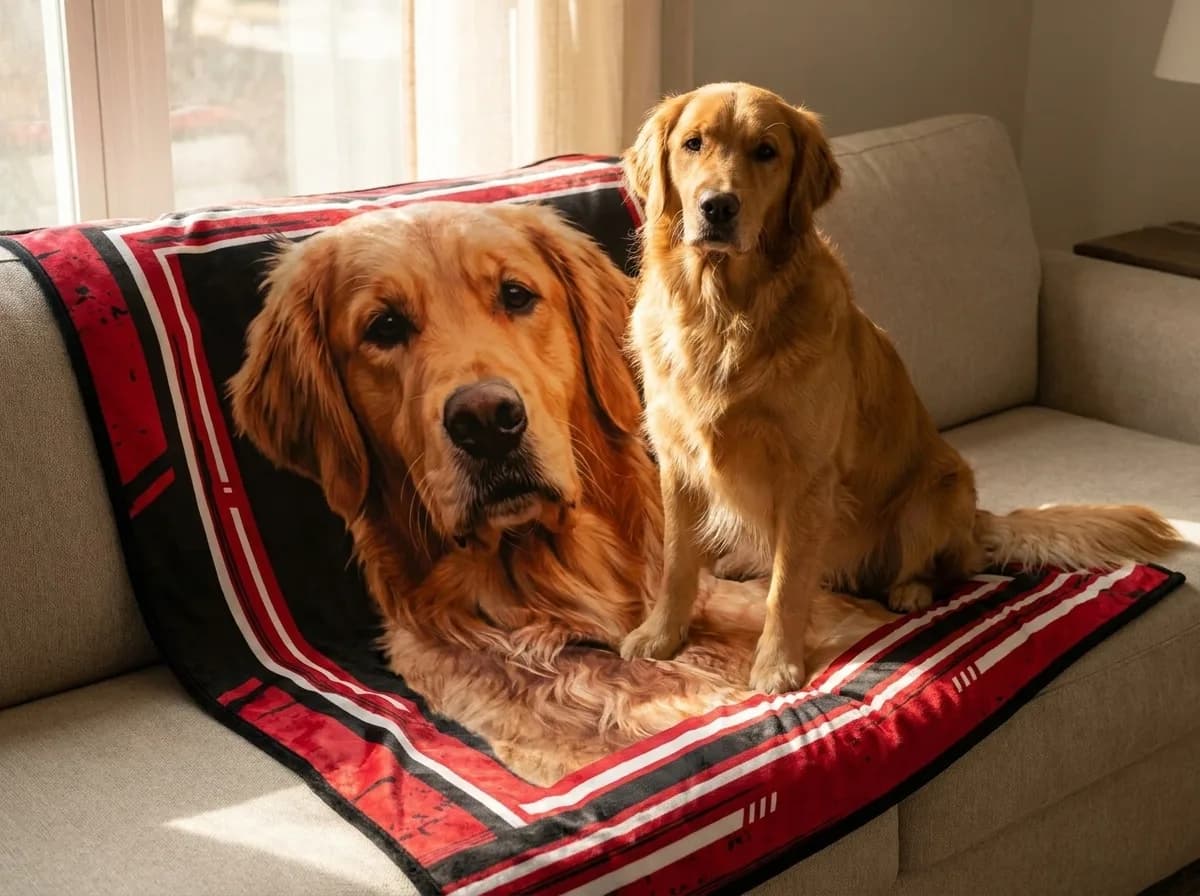 Golden retriever sitting beside a custom blanket printed with its own portrait