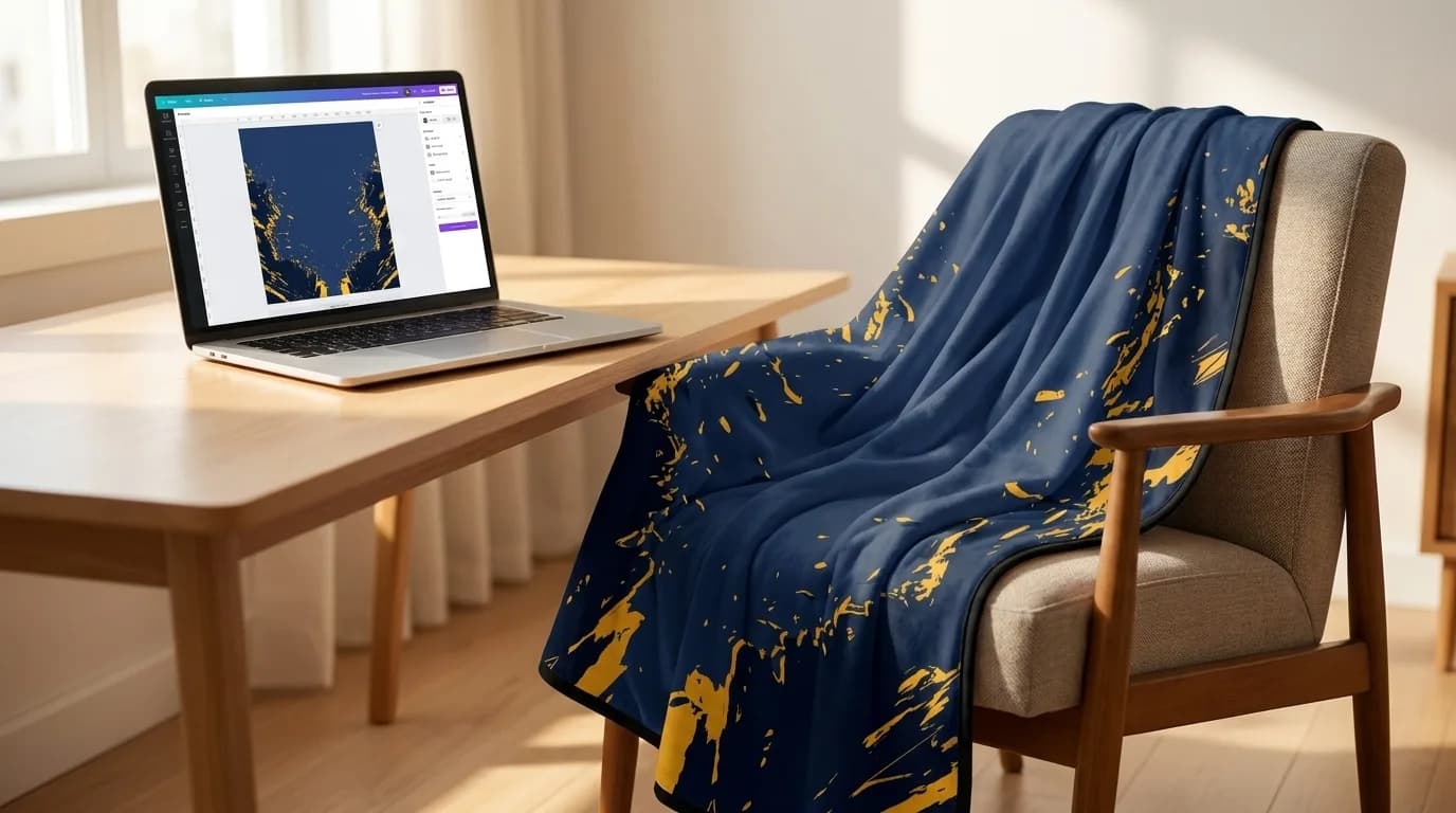 Laptop running the blanket design tool next to the finished navy and gold custom blanket on a chair
