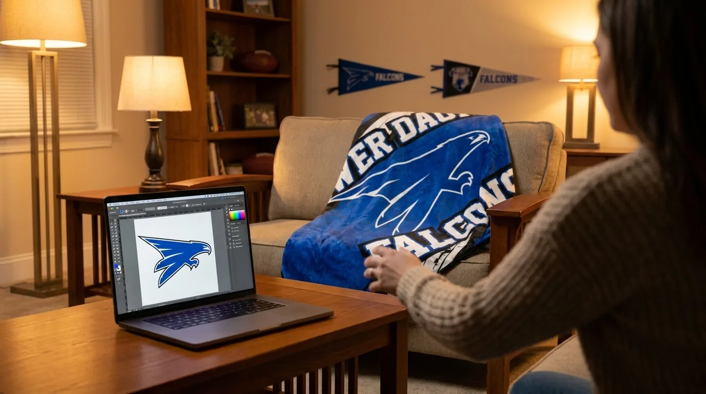The free in-browser design tool open on a laptop, with the finished falcon blanket on the couch behind it