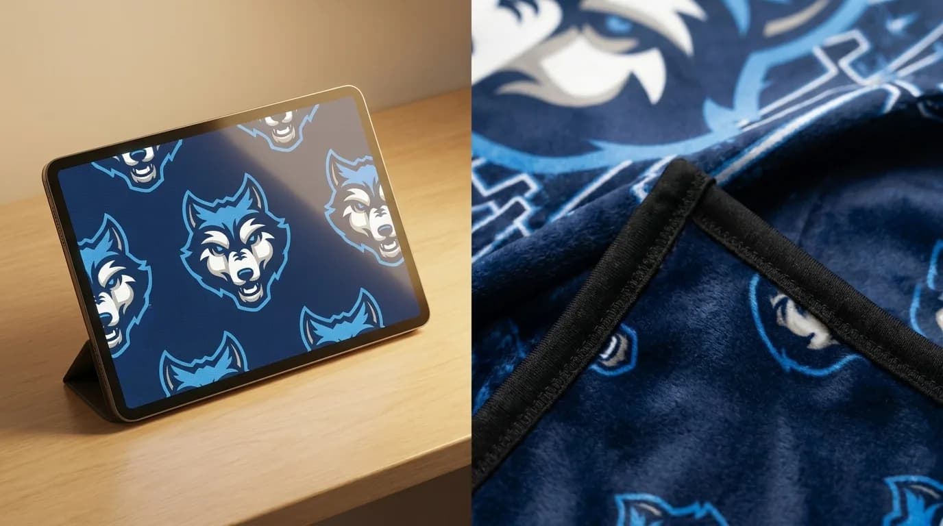 Mascot artwork on a tablet screen next to the same design printed photo-realistically on a plush blanket