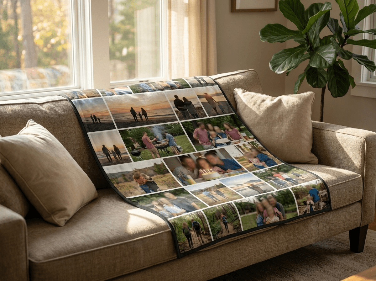 Custom printed family photo collage blanket draped over a sofa