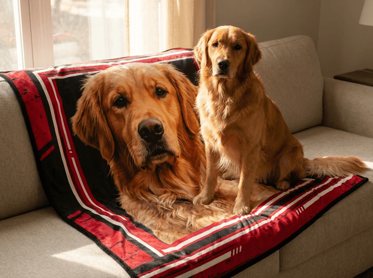 Golden retriever sitting beside a custom blanket printed with its own portrait